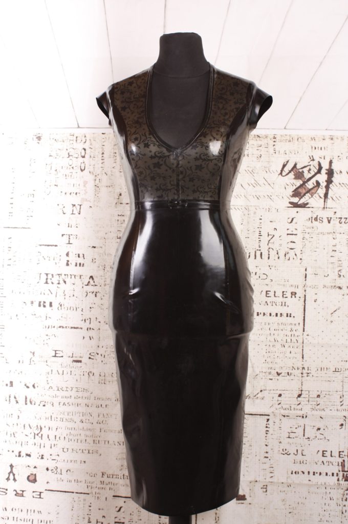 Damen Latexkleid mit  Kontrasteinsätzen in Floral Druck